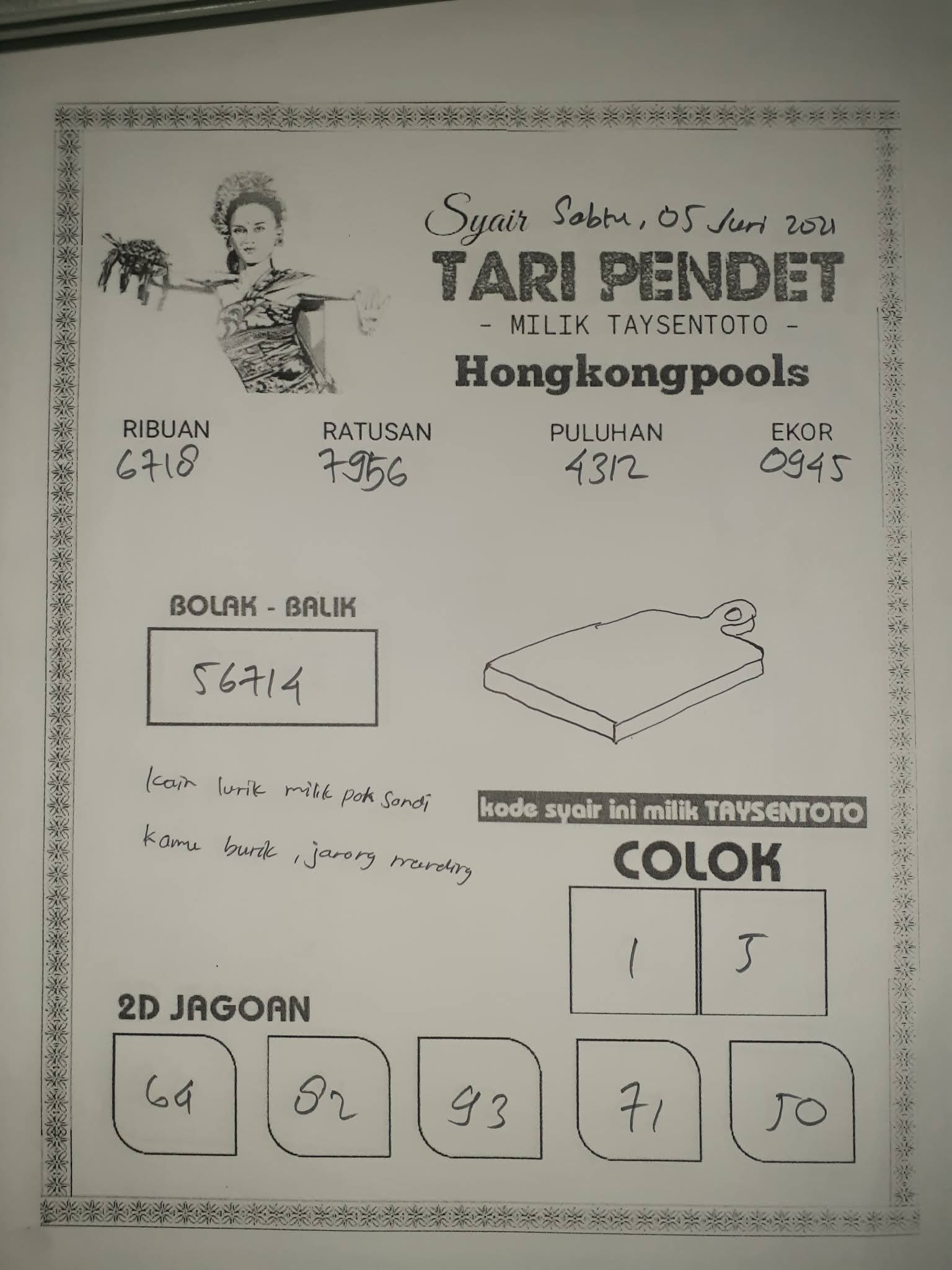 Kode ramalan togog hongkong sabtu 05 juni 2021 KODE