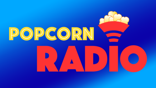 Blue and Light Blue Popcorn Radio Membership Card With Yellow And Red Text For The Podcast Plan