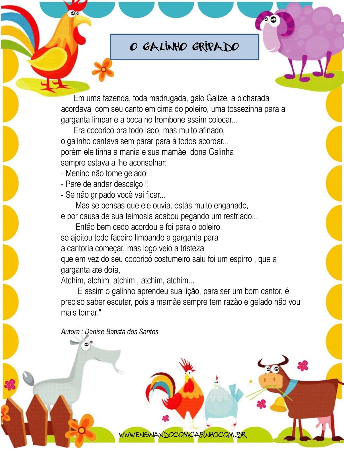 Historinha lúdica do galinho gripado para