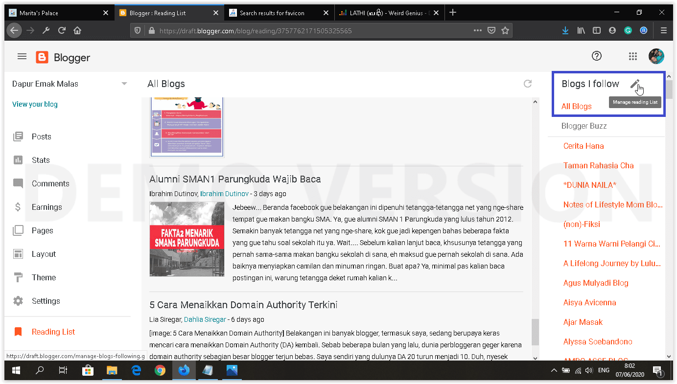 dashboard blogger baru reading list & following