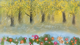 A yellow forest and a lake flowing by with raindrops showering them in a magical aura.