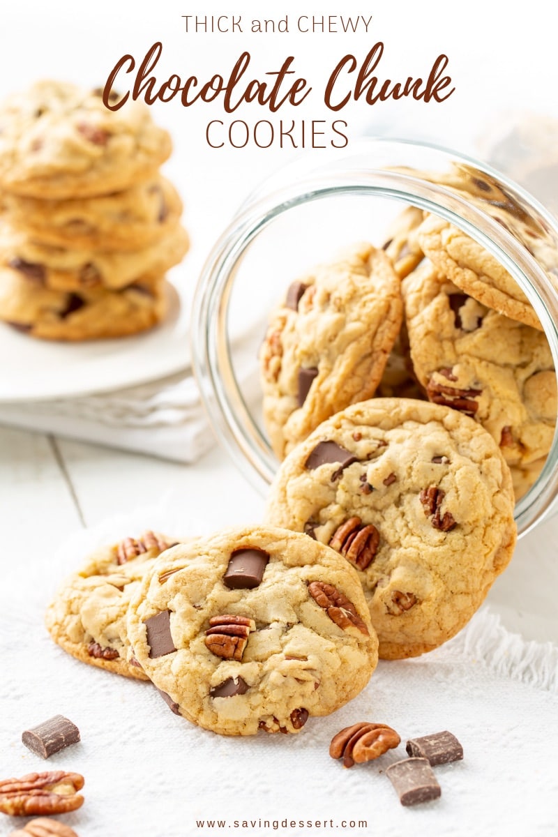Thick and Chewy Chocolate Chunk Cookies with toasted pecans are our new favorite cookie recipe! These delicious jumbo-sized cookies rival any you might find in a gourmet bake shop!