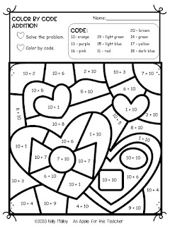 valentine's day color by number addition