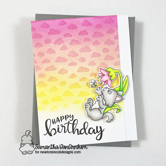 Birthday Cat card by Samantha VanArnhem | Captivated Kittens Stamp Set, Petite Clouds Stencil and Birthday Essentials Stamp Set by Newton's Nook Designs #newtonsnook