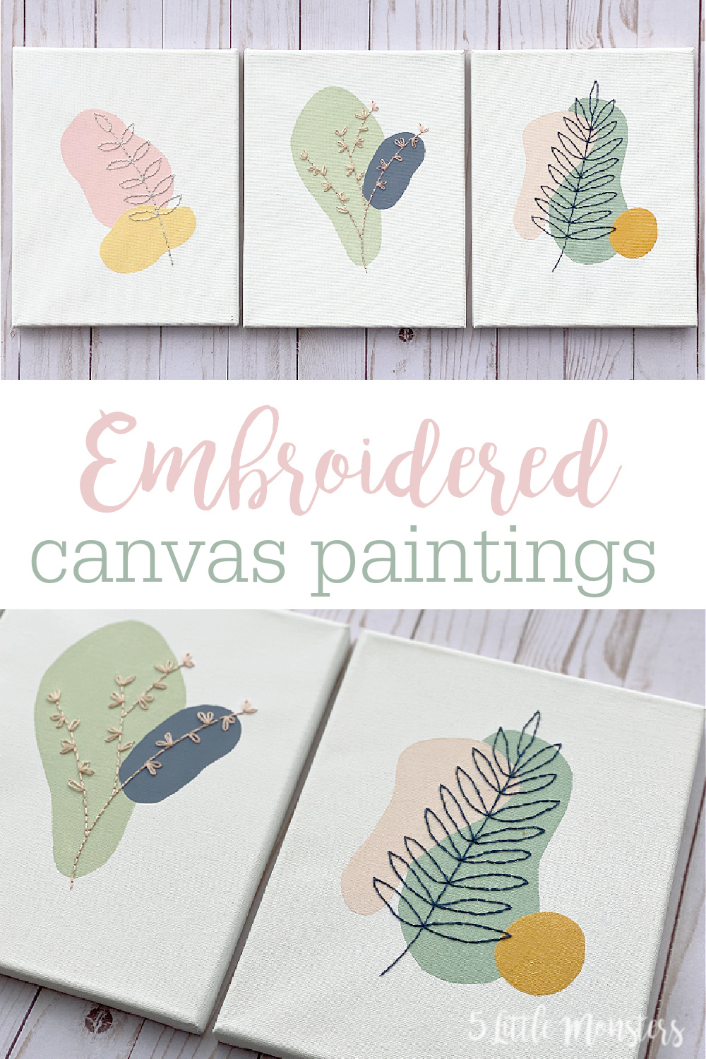 5 Little Monsters Embroidered Canvas Paintings