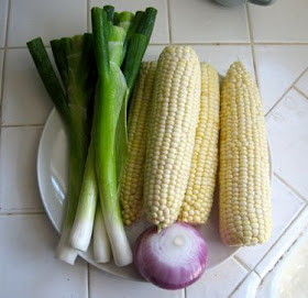 scallion, corn, and red onion, ready for grilling