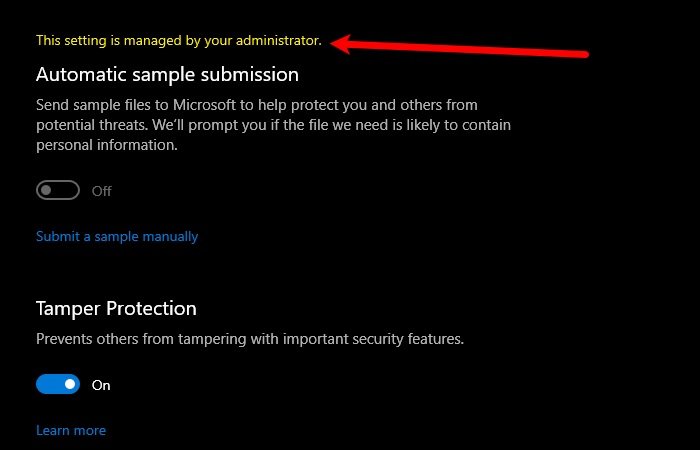 Windows Defender: 이 설정은 관리자가 관리합니다.