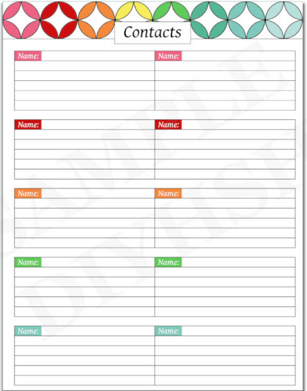  Printable Cute Contact List Template 