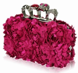 Gorgeous Floral Ruffled Pink Skull Knuckle Party Prom Evening Clutch Bag (18cm x 9cm) with PreciousBags Dust Bag