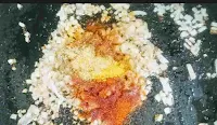 Mixing red chilli powder, turmeric powder, garam masala, Coriander powder with chopped onion for chicken lababdar recipe