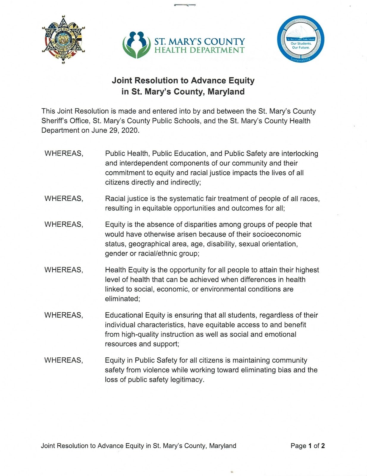 St. Mary's County Sheriff's Office News Joint Resolution Signed to