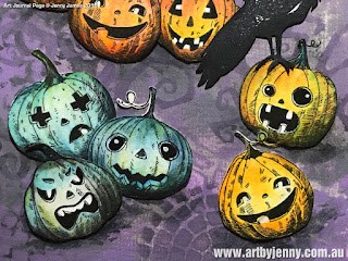 closeup detail of art journal page by Jenny James (Art by Jenny) using Tim Holtz Pumpkinheads and Ravens Stamps with stencils and acrylic paints photo of artwork showing Tim Holtz Pumpkinheads and Ravens Stamps