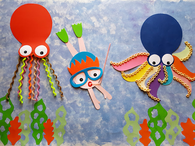proste prace plastyczne na lato - prace plastyczne wakacje - ośmiornica - rozgwiazda - rybki z gąbki - nurek - krab - meduza - morze - ocean - podwodny świat - summer kids crafts