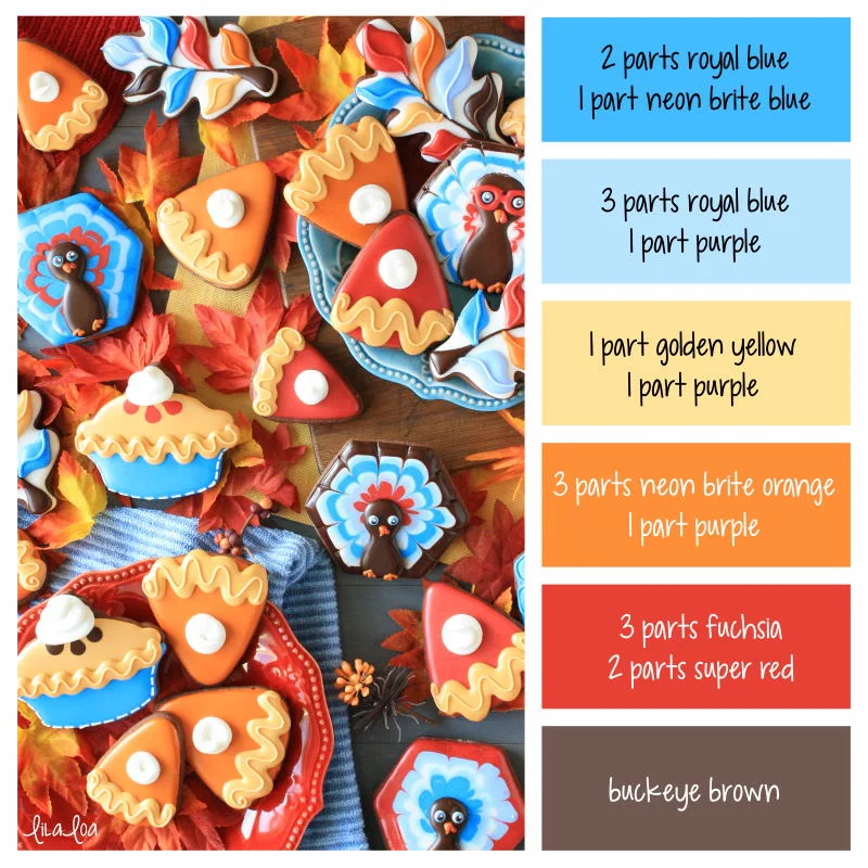 Brightly colored turkey and pie decorated chocolate sugar cookies