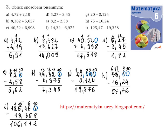 Zad.3 str. 152 "Matematyka z plusem 5" Dodawanie i odejmowanie ułamków dziesiętnych