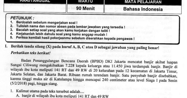 Soal USBN Bahasa Indonesia Kelas 6 Tahun 2020