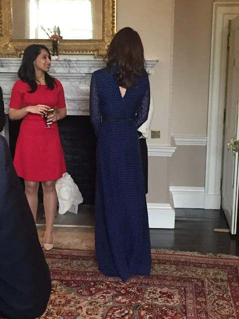 Prince William and his wife The Duchess of Cambridge attended a reception with young people from India and Bhutan at Kensington Palace, Kate Middleton wore SALONI Mary Illusion Dot Dress