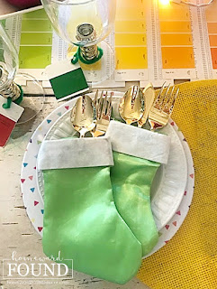 Christmas,Christmas Decor,Christmas Decor Themes,holiday,tablescapes,DIY,diy decorating,color,color palettes,colorful home,entertaining,party,ornaments,paper crafts,winter,re-purposing,paint chips,paint chip decor,paint chip crafts,colorful tablescape,colorful Christmas,Christmas table,Christmas tablescape,napkin rings,buffet table,place settings, wine glass charms,roygbiv, rainbow aesthetic.