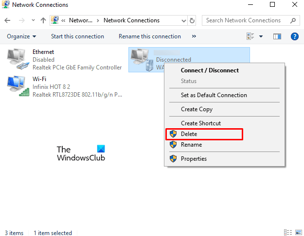 Supprimer un VPN à l'aide des connexions réseau dans Windows 10