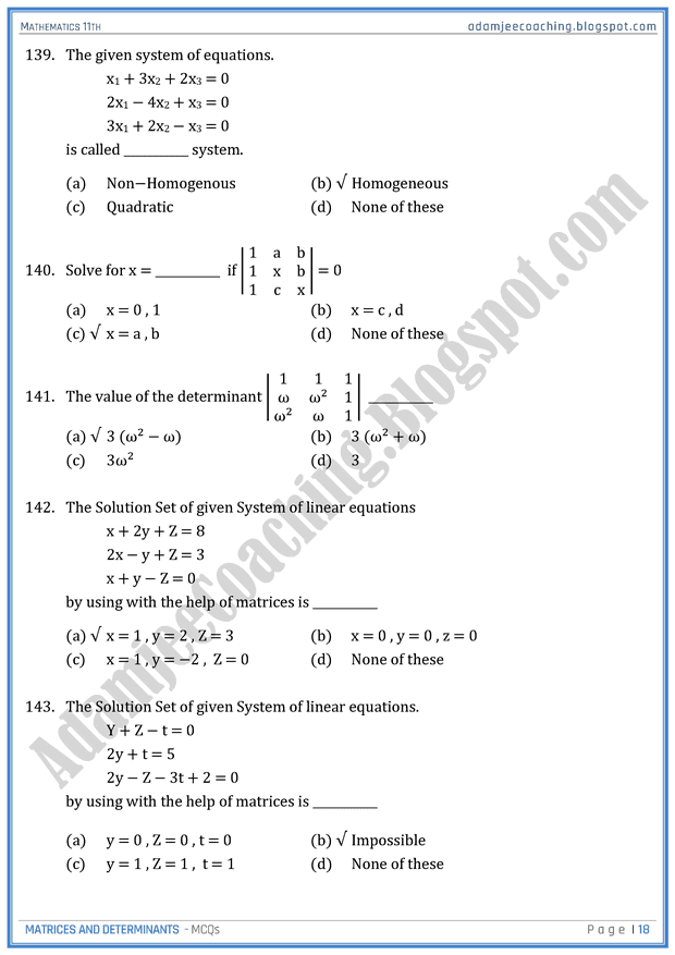 Adamjee Coaching Matrices and Determinants MCQs Mathematics 11th