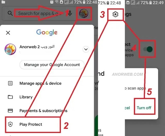 الوصول إلى Play Protect على خيارات Google Play