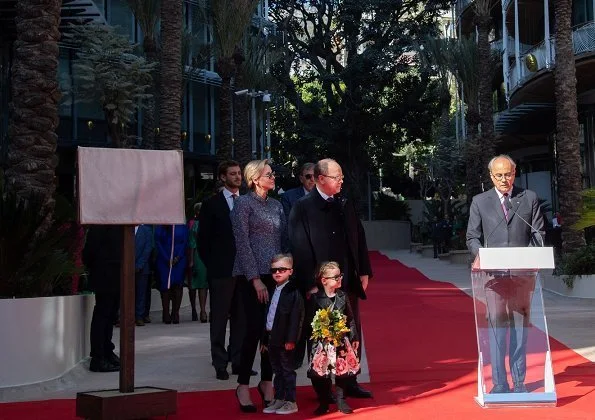 Prince Albert, Prince Jacques, Princess Gabriella and Pierre Casiraghi. Princess Charlene is wearing Akris jacket