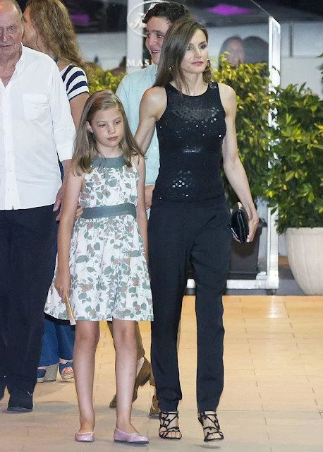 King Felipe, Queen Letizia, Princess Leonor, Infanta Sofia, Former King Juan Carlos and Queen Sofia, Infanta Elena, Felipe Juan Froilan and Victoria Federica at a dinner at "Flanigan" restaurant in Palma de Mallorca