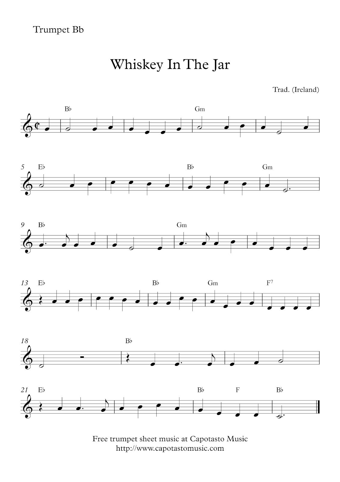 Free Printable Sheet Music Free Easy Trumpet Sheet Music Whiskey In The Jar