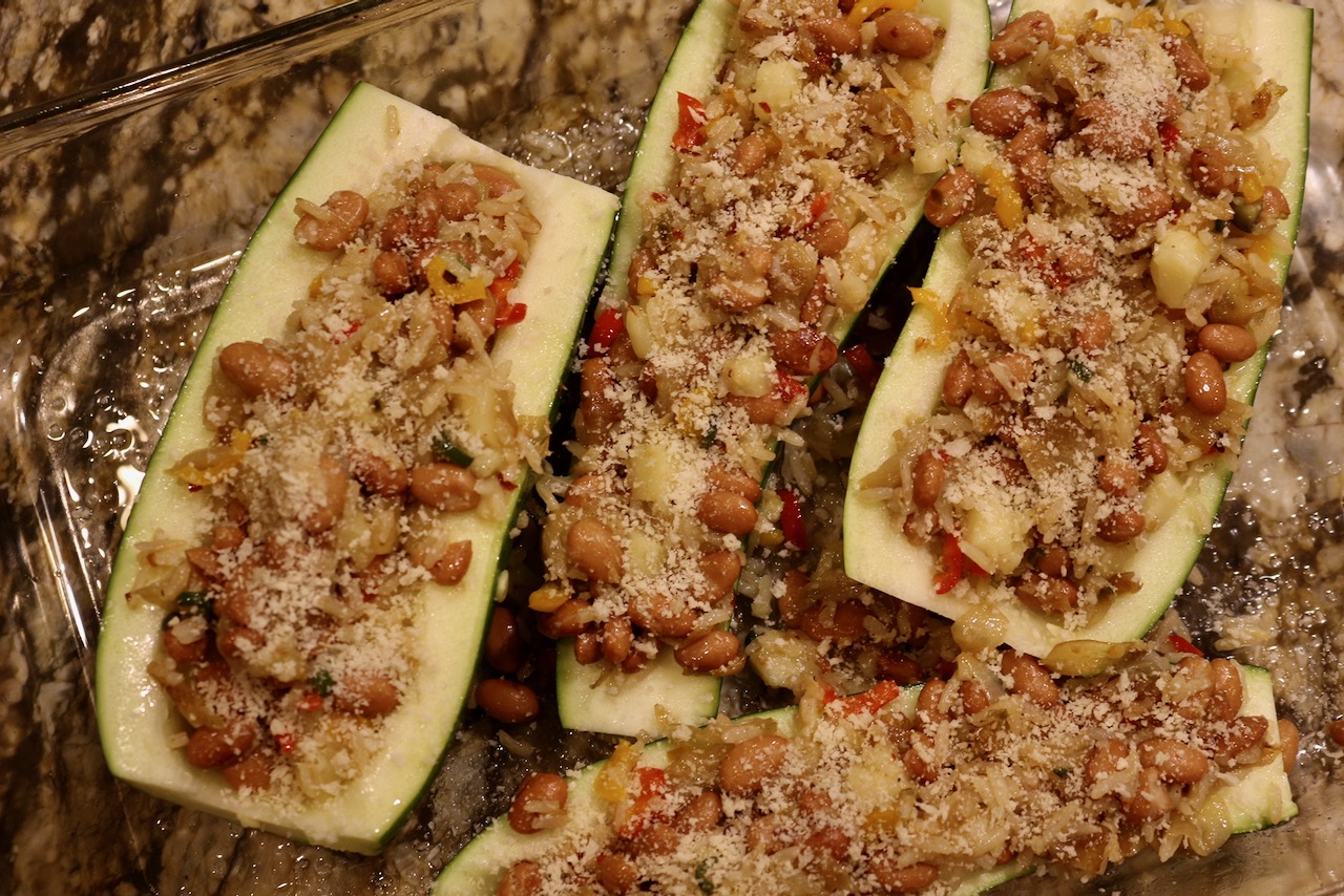 Baked Rice and Bean Stuffed Zucchini
