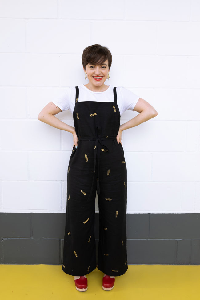 Tilly's Gold Potato-Printed Safiya Dungarees - sewing pattern in Make It Simple