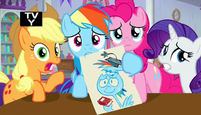 Applejack, Rainbow, Pinkie and Rarity complaining to Twilight. Dash holds a drawing of her as *literally* an egg-head