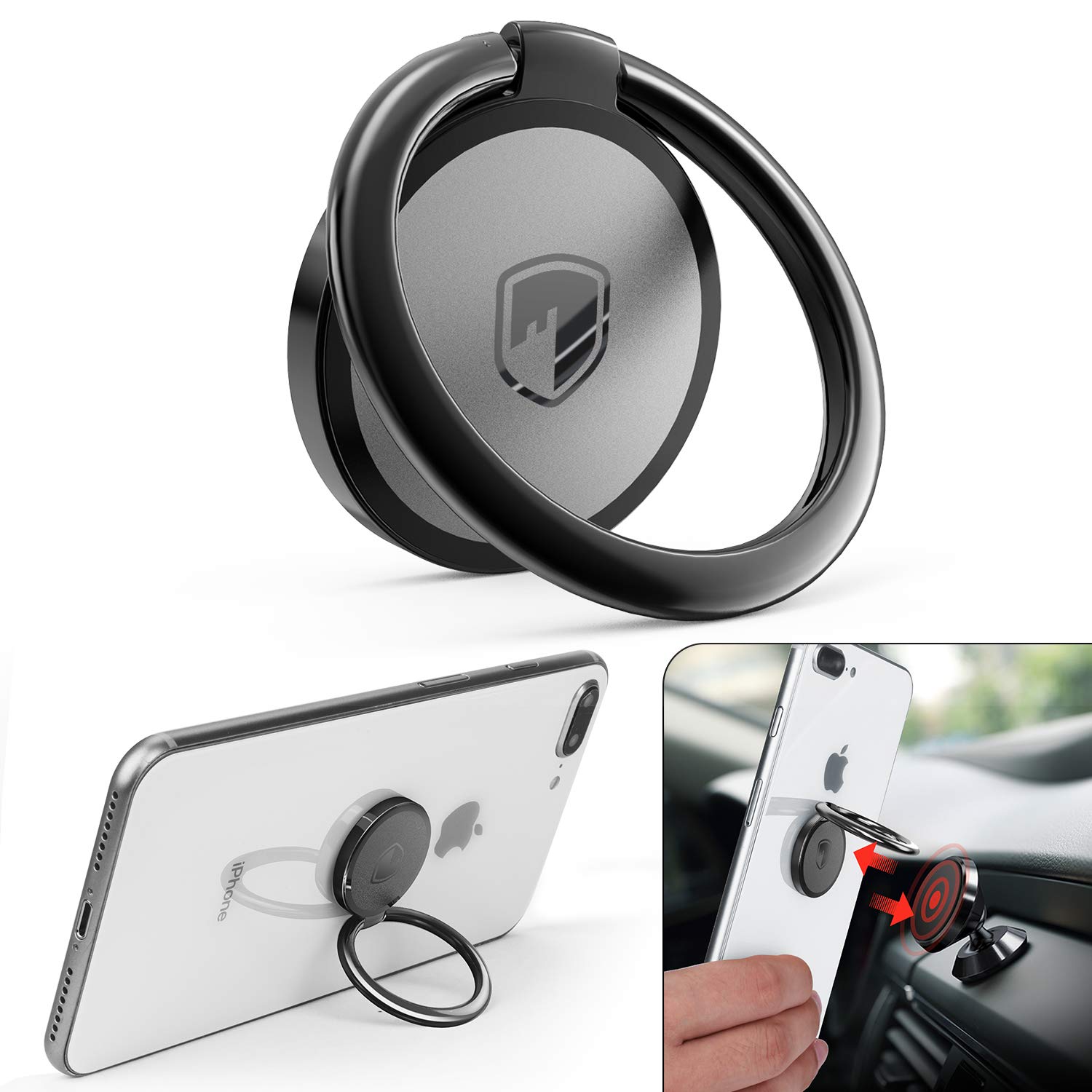 Phone Ring Holder Finger Kickstand FITFORT 360° Rotation Metal Ring Grip for Car
