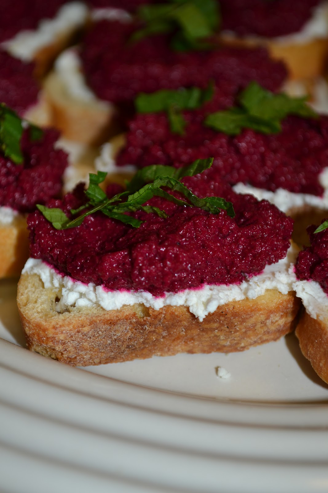 bonbons & biscotti Beet Hummus, Goat Cheese, Mint Crostini (plus