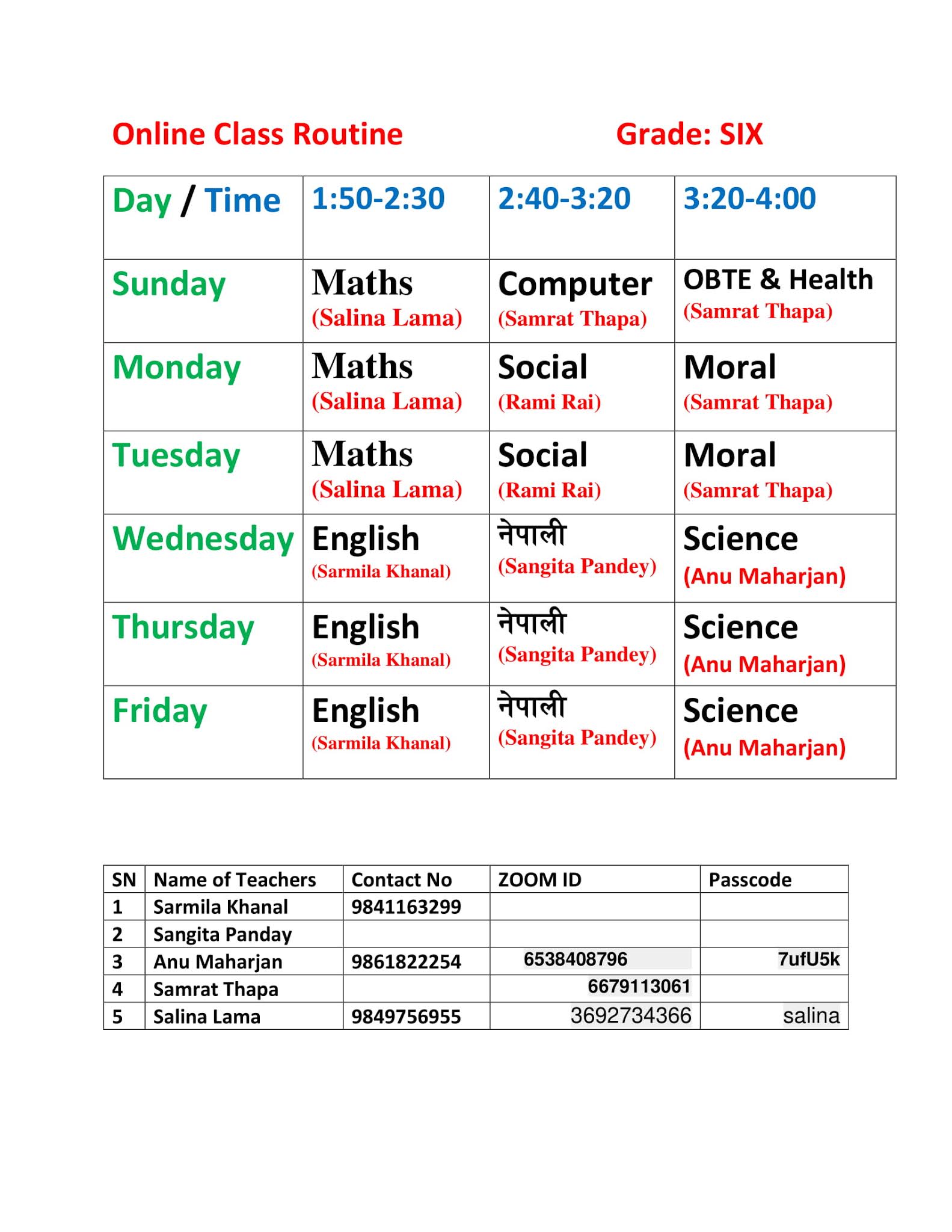 TRILOK SCHOOL: Online Class Routine