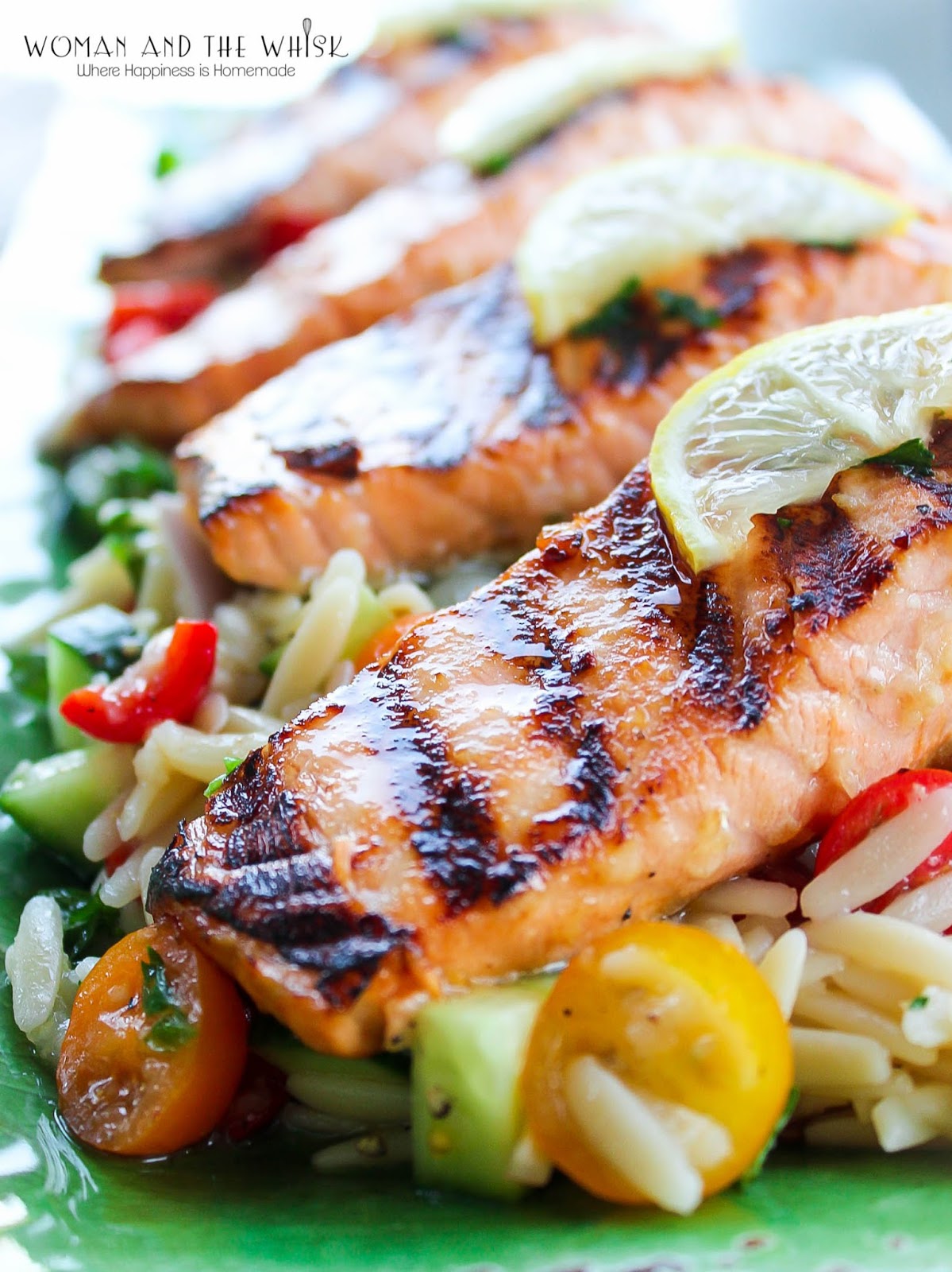 Woman and the Whisk Grilled Salmon Orzo Salad