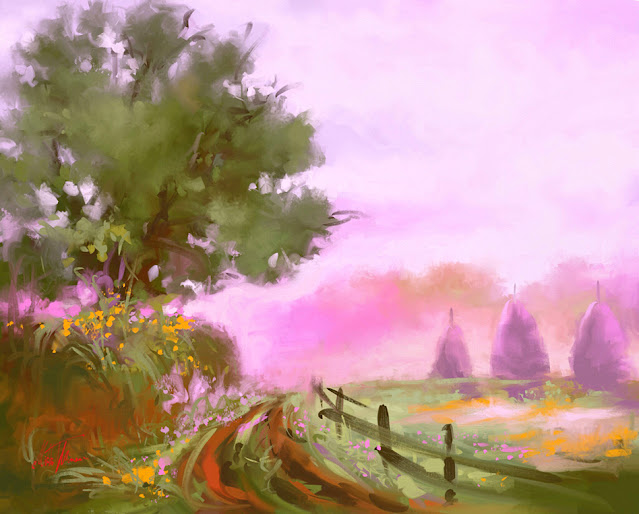 Frosty morning digital colorful landscape painting by Mikko Tyllinen