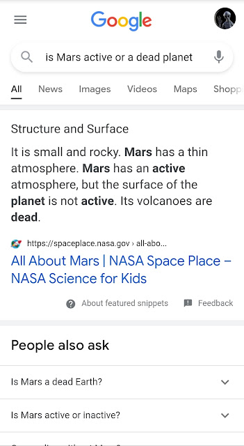 Screenshot of the Google search results about Mars.