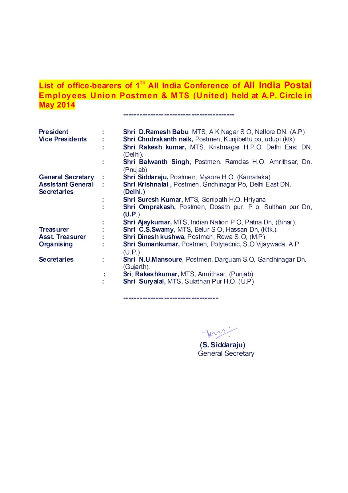 ALL INDIA POSTAL EMPLOYEES UNION POSTMEN AND MTS (UNITED) CHQ GENERAL