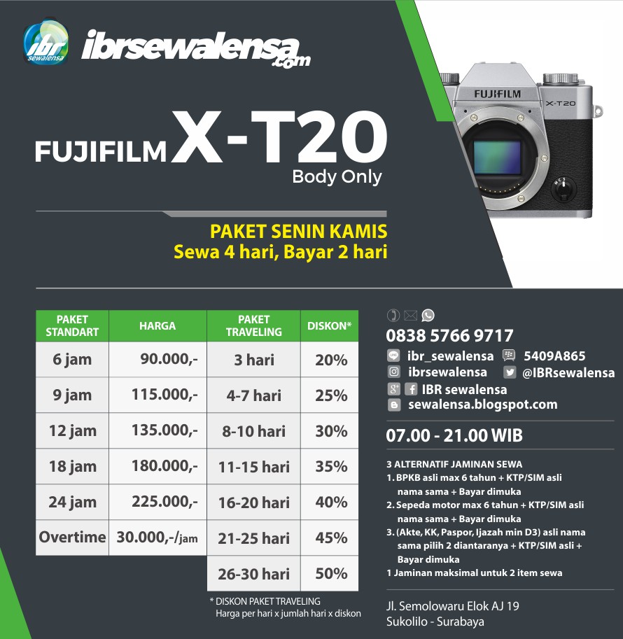 FUJIFILM X-T20 SEWA RENTAL KAMERA LENSA  IBR sewa lensa surabaya