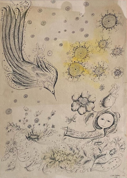 Dibujo: Mujer y ave
