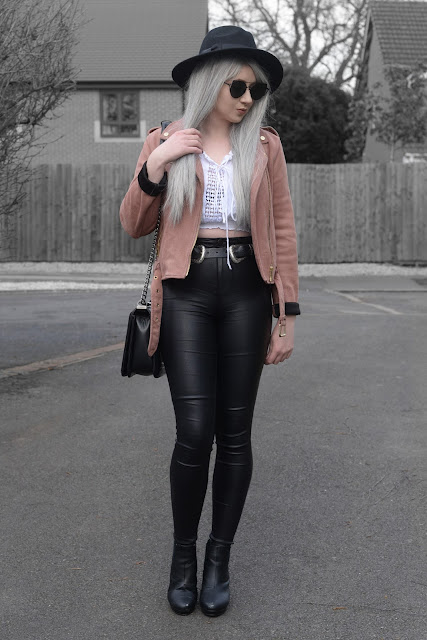 Sammi Jackson - Black Primark Fedora / Zaful Sunglasses / Primark Pink Suede Biker Jacket / Choies Off Shoulder Tie up Top / Primark Faux Leather Jeans / Choies Double Buckled Belt / OASAP Quilted Flap Bag / Office Chunky Heeled Boots 