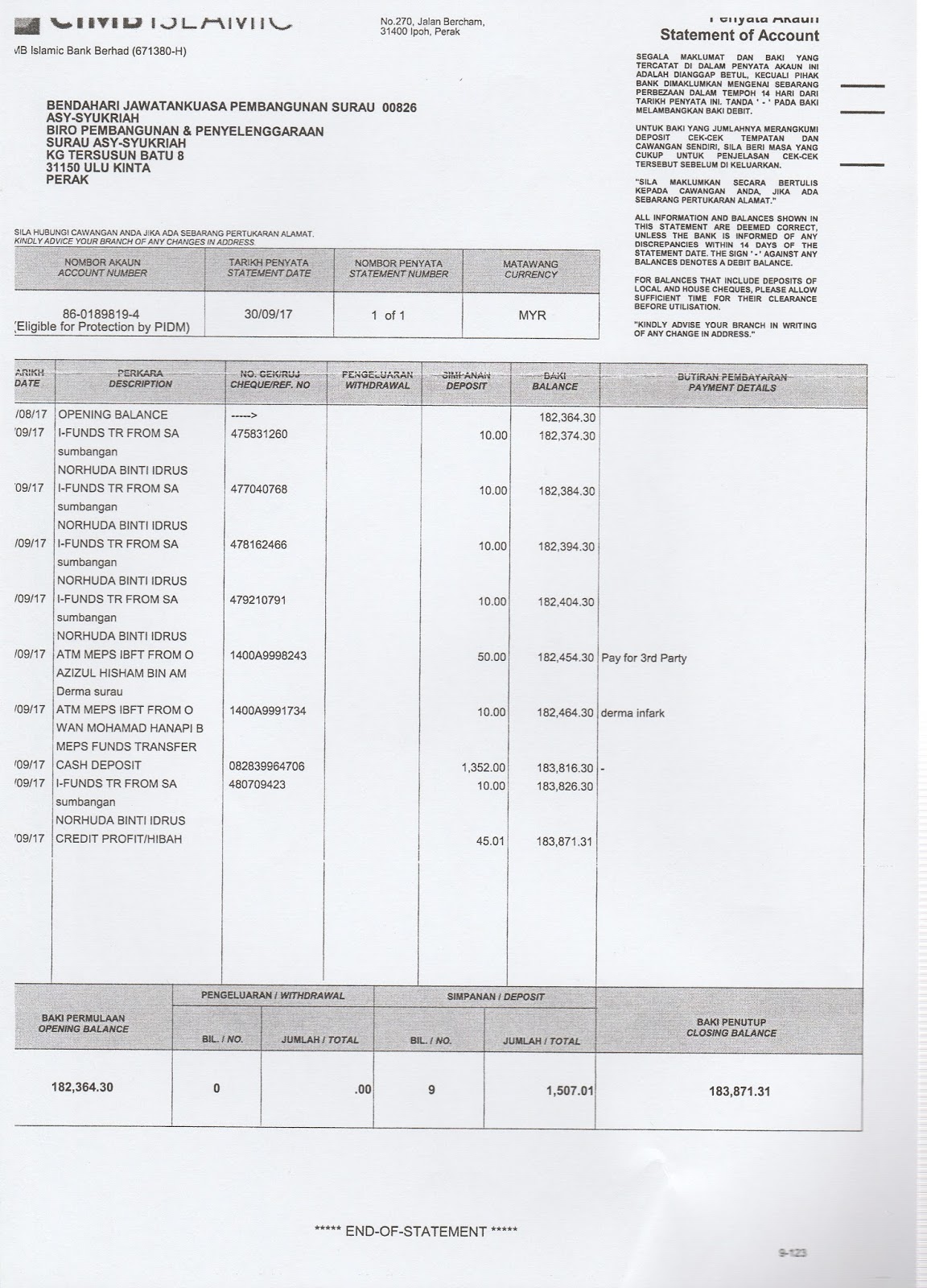 BIRO PEMBANGUNAN & PENYELENGGARAAN SURAU ASYSYUKRIAH PENYATA KEWANGAN