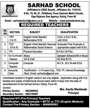 Sarhad School, Pune Wanted PRT plus TGT plus PTI - Faculty Teachers