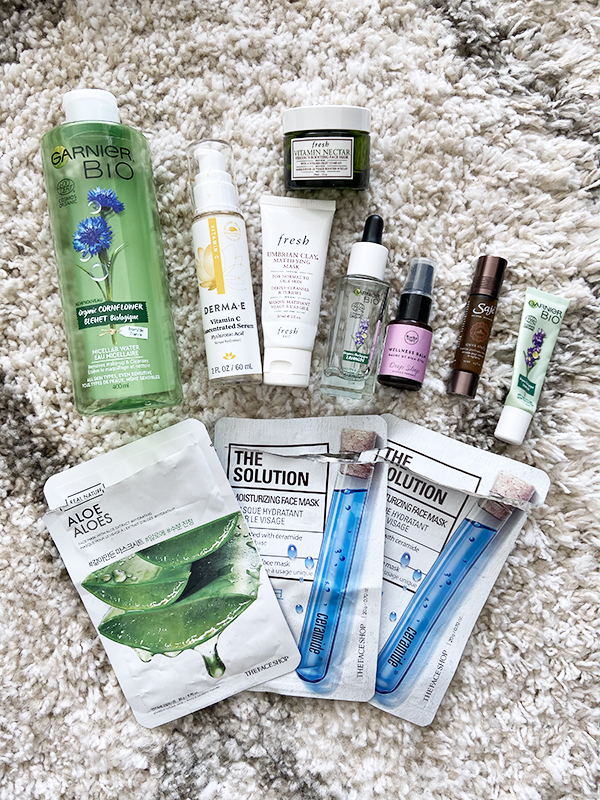 Pictured together: Affordable natural and drugstore skincare and wellness products by Garnier, Derma E, Fresh, Rocky Mountain Soap Company, Saje, and The Face Shop.