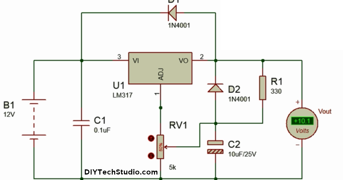 DIYTechStudio How to make a variable power supply using LM317 with short circuit protection