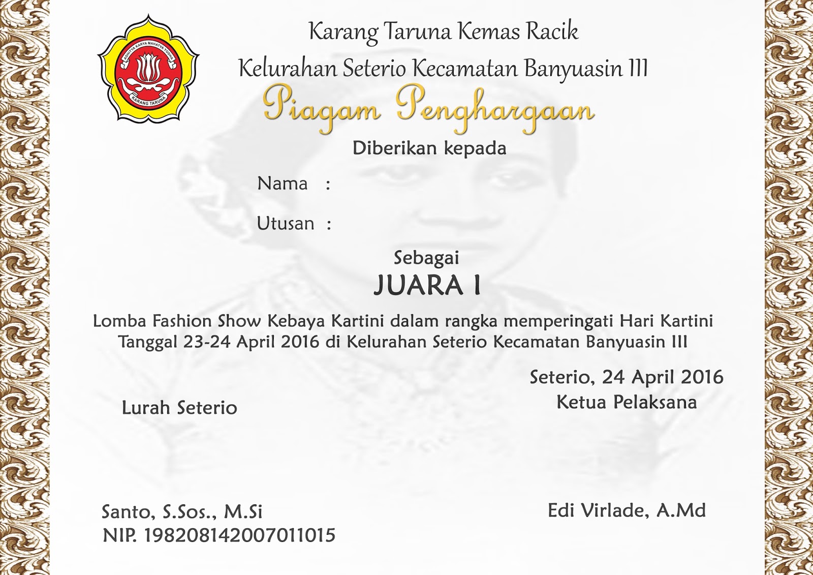 KARANG TARUNA KEMAS RACIK KELURAHAN SETERIO CONTOH PIAGAM