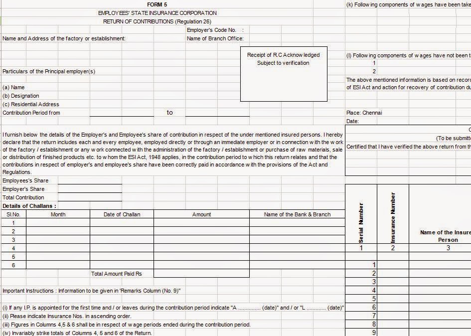 ESIC Form 5 in Excel Format