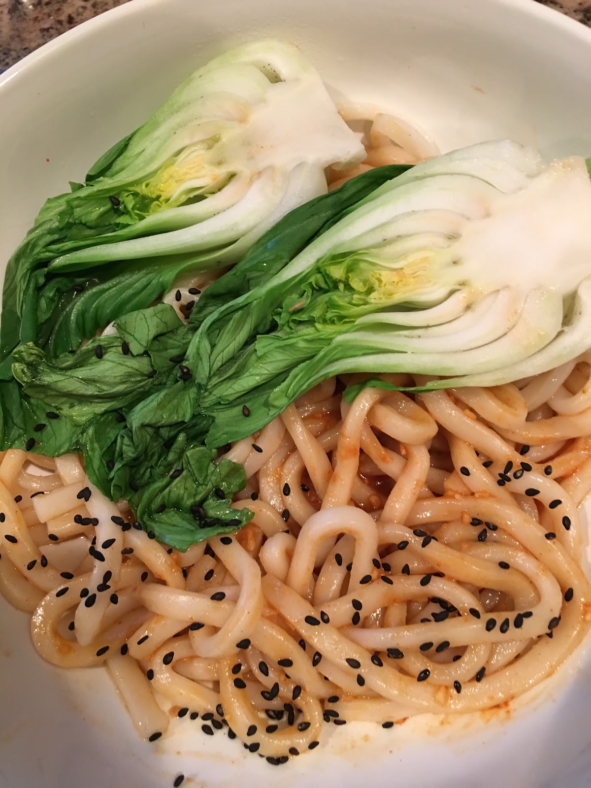 Lulu Cooks and Tells Microwaved Udon Noodles and Bok Choy Bowl with