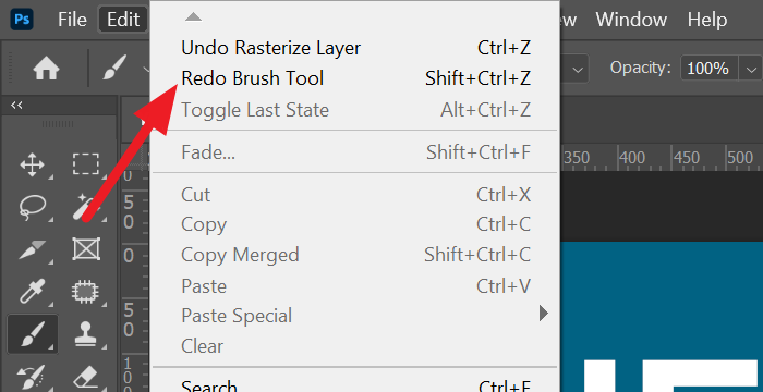 Opción Rehacer en la barra de menú de Photoshop