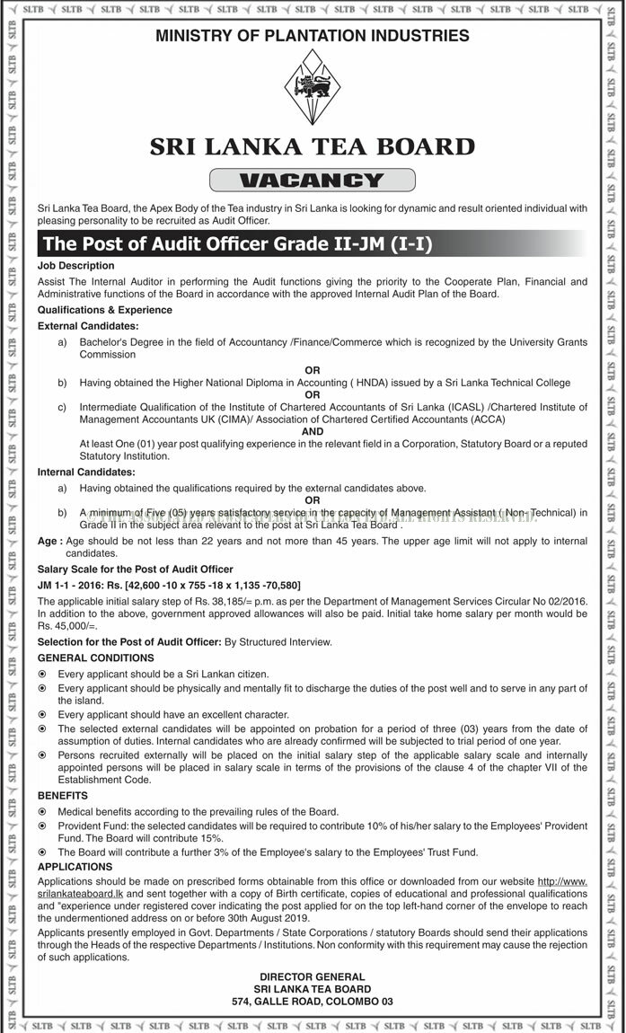 INTERNAL AUDITOR SRI LANKA TEA BOARD